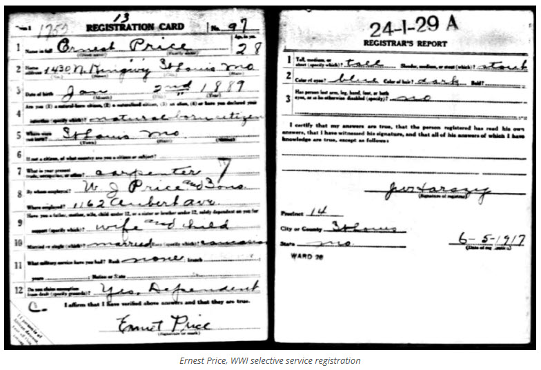 Ernest Price WWI draft card